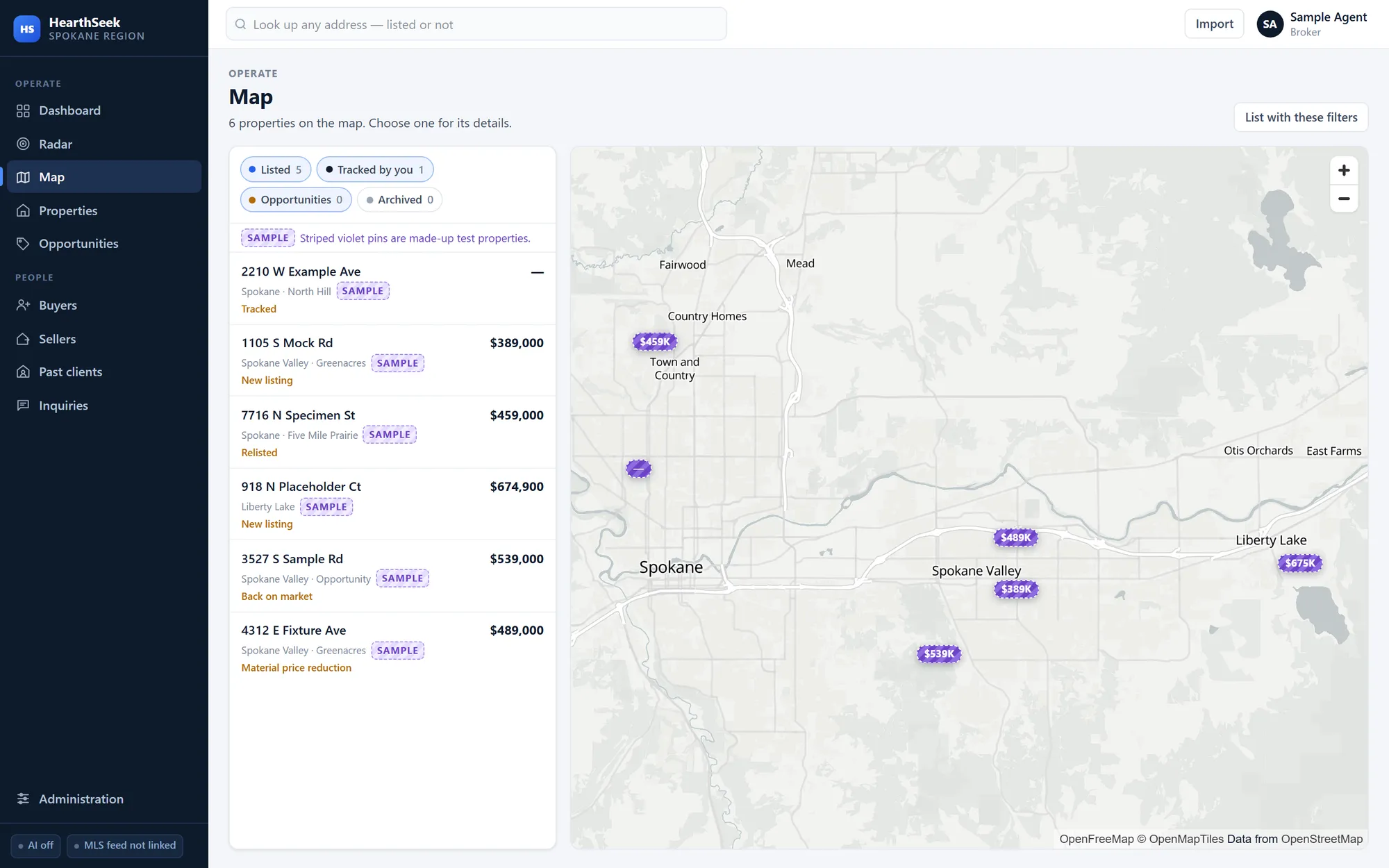 HearthSeek map of the Spokane area with striped violet price pins and a list of the same properties beside it, all marked Sample.