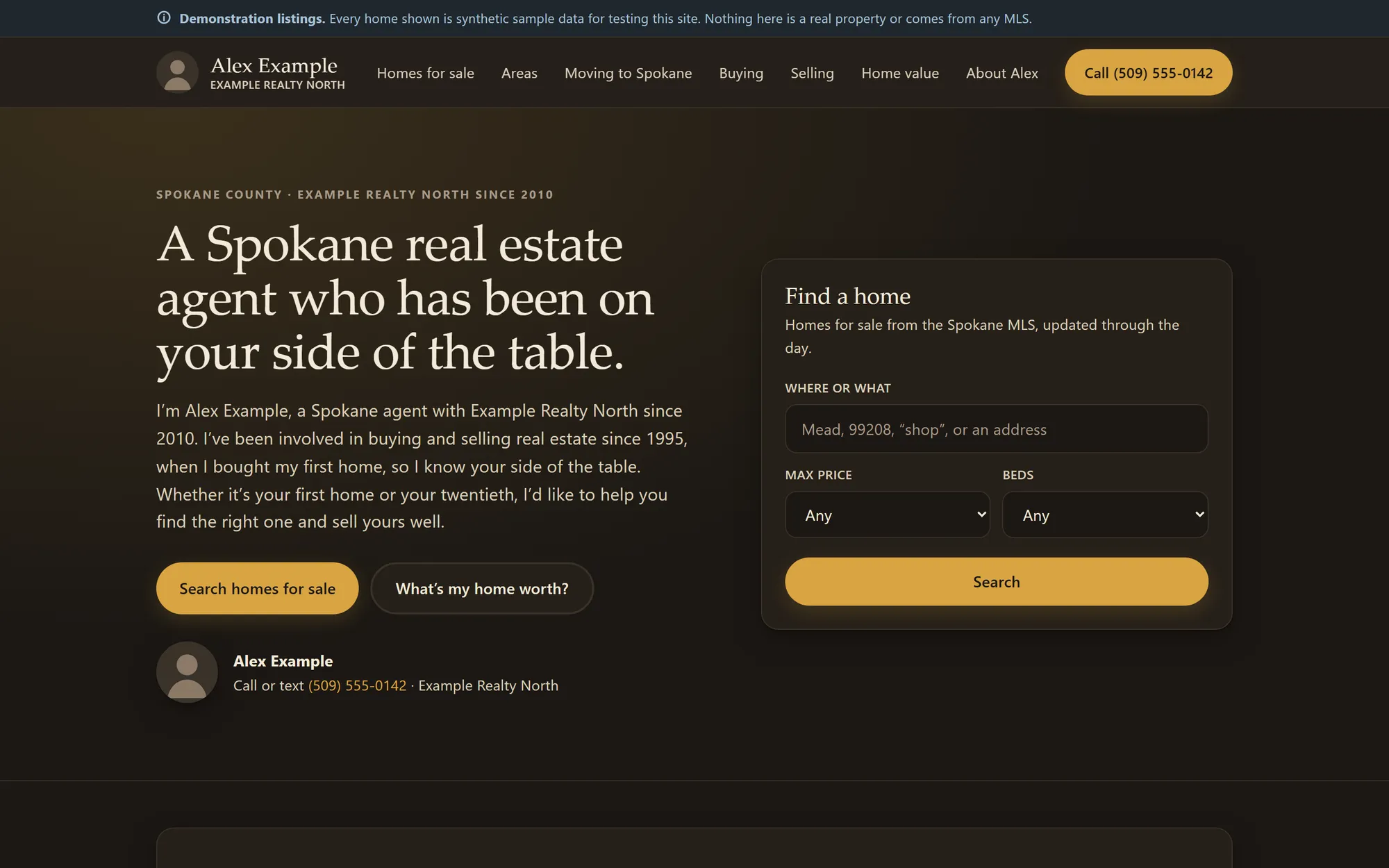 The agent’s public website: a dark homepage with the agent’s introduction, a call button, and a home search panel. A banner says every listing is synthetic sample data.