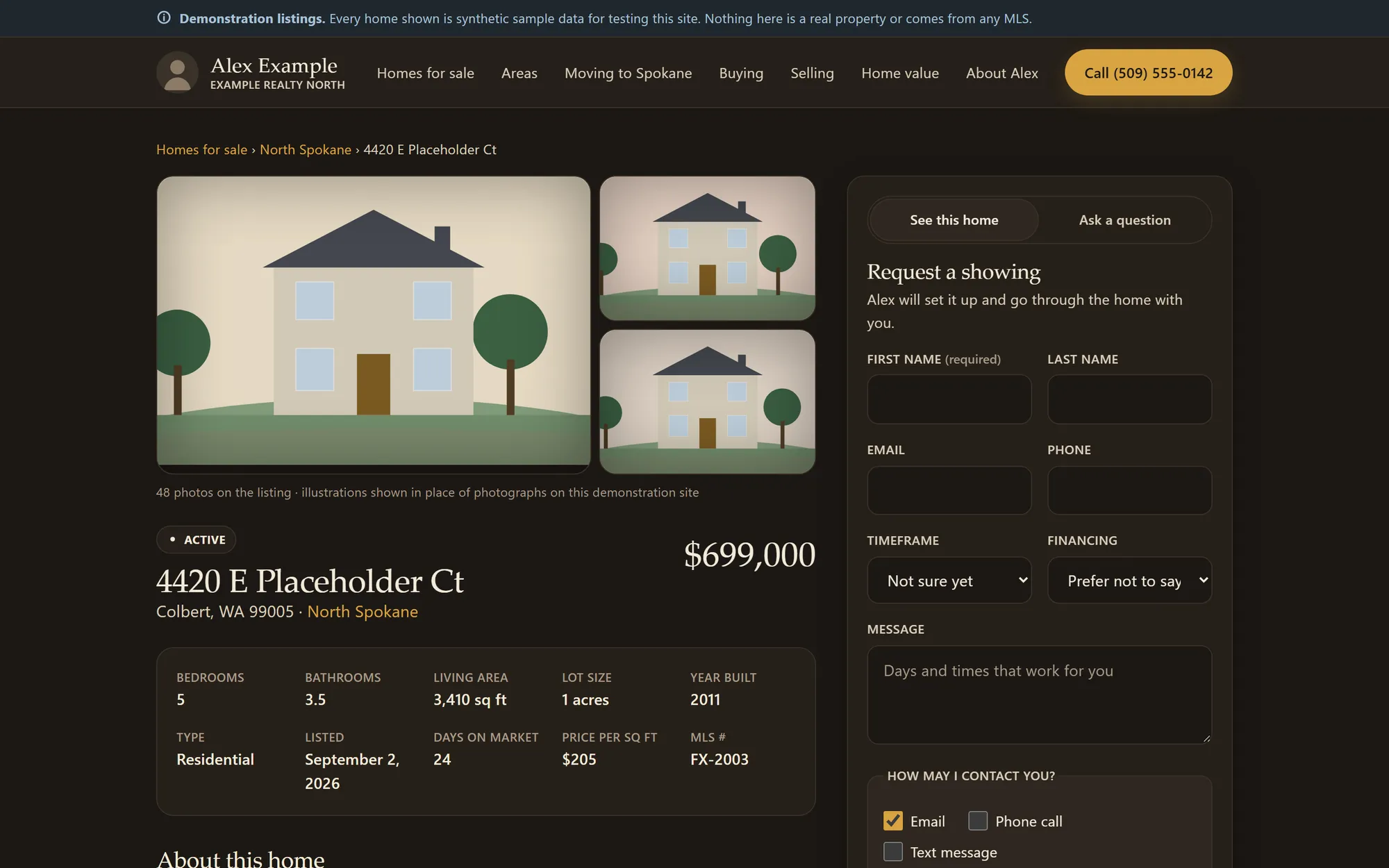 A sample listing page on the agent’s website, with illustrated photos, the home’s details, and a Request a showing form beside them.